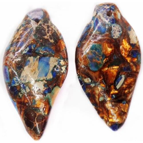 2Pcs 40x20x7mm Wholesale Blue&Bronze Sea Sediment Jasper & Pyrite Leaf Shape Pendant Bead DIY Jewelry Accessories S861