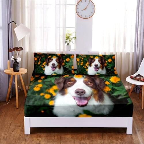 Cute Dog Digital Printed 3pc Polyester Fitted Sheet Mattress Cover Four Corners with Elastic Band Bed Sheet Pillowcases