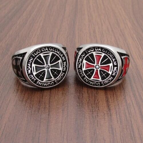 Free Shipping Punk Silver Color Knight Templar Zircon Red Cross Ring Black Epoxy Crusaders Band Masonic Rings for Mens Gift