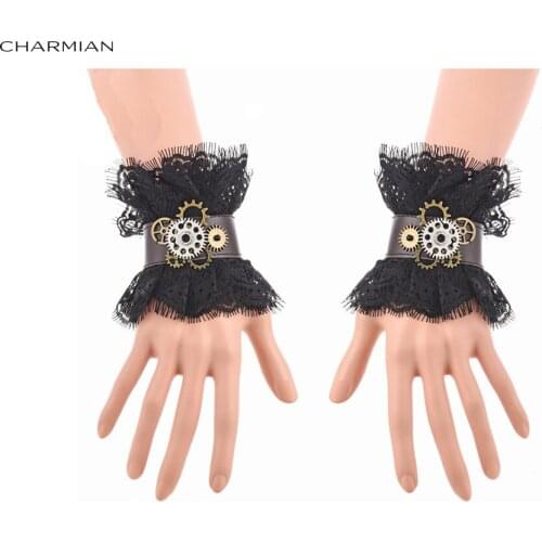 Charmian Victorian Gothic Black Floral Lace Wristband Bronze Gear Bracelet with Ring