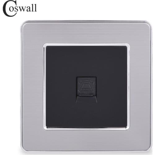 COSWALL 1 Gang RJ11 2 Core Telephone Connector Luxury Wall Socket Outlet Stainless Steel Brushed Silver Frame Panel