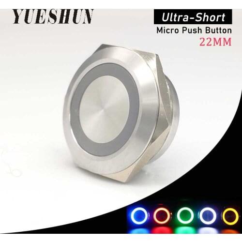 YUESHUN Waterproof Ultra-Thin Short Button Switch 22mm 1NO Blue Yellow 6V 12V Mirco Light Led Switch