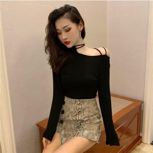 Sexy T Hollow Lace Up Leakage Clavicle Off Shoulder Top Spring And Autumn T-shirt Long Sleeve Shirt Women Tshirt Slim Vogue Tees