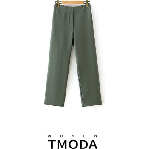 TMODA431 Women 2021 Chic Fahsion Office Wear Straight Green Pants Vintage High Elasic Waist Female Ankle Trousers Mujer