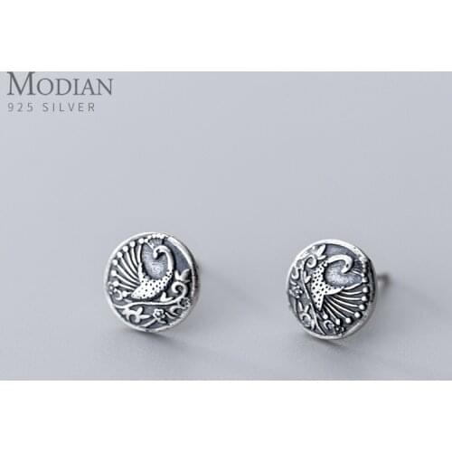 Modian Trendy 925 Sterling Silver Vintage Animal Peacock Pattern Geometric Circle Stud Earring for Women Fine Jewelry 2020 Year
