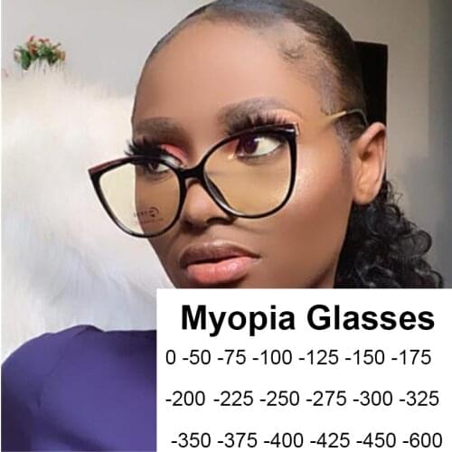 -1.0 -1.5 to -6.0 Women Fashion Cat Eye Myopia Glasses 2021 Cute Eyeglasses Frames Students Anti Blue Light Metal Clear Glasses