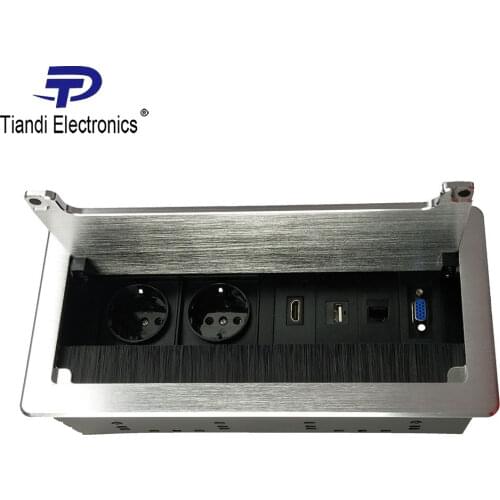 Silver aluminium alloy panel 2-bit EU power plug brush clamshell multimedia office table socket + HDMI USB VGA network interface