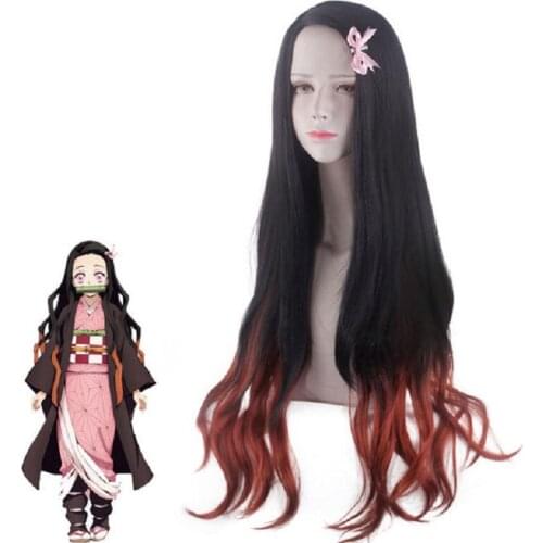 100cm Anime Demon Slayer Kimetsu no Yaiba Kamado Nezuko Cosplay Wig Long Curly Heat Resistant Synthetic Hair Wigs + Wig Cap