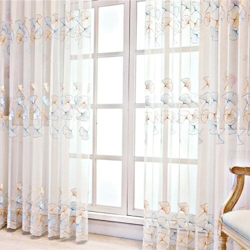 Pastoral Colorful Ginkgo Embroidered Tulle Window Screen for Living Room Curtains Sheer for Bedroom Kitchen Drapes Blind Decor