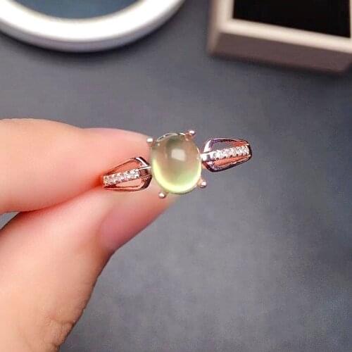 Simple Silver Prehnite Ring for Daily Wear 6mm*8mm Natural Prehnite Silver Ring 925 Silver Prehnite Jewelry