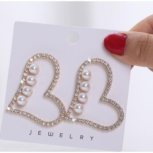 Imitation Pearls Simple Gold Color Crystal Heart Stud Earrings For Women Fashion Statement Earrings Brincos Fashion Jewelry