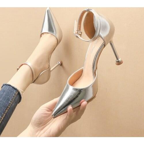 Women sandals PU Buckle Strap 6.5CM 9.5CM Thin Heels High heels Pointed Toe Shallow women shoes sandalias mujer 2020 size 35-42