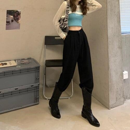 2021 Spring Korean High Waist Pants Wide Legs Harem Split Pants Pleated Streetwear Trousers Women Black Fashion Clothes