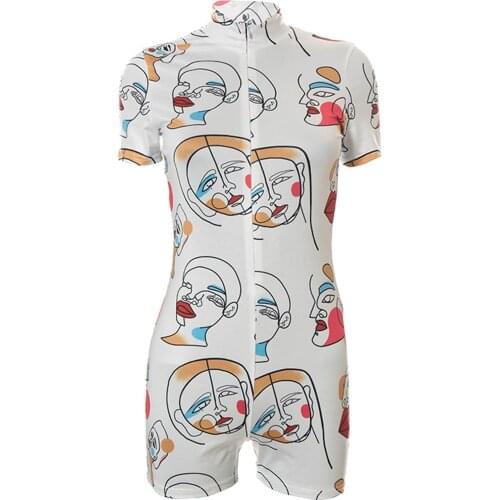 Women’s Sexy Tight Short Jumpsuit Cartoon Printing Zipper Short Sleeve Bottoming Bodysuit