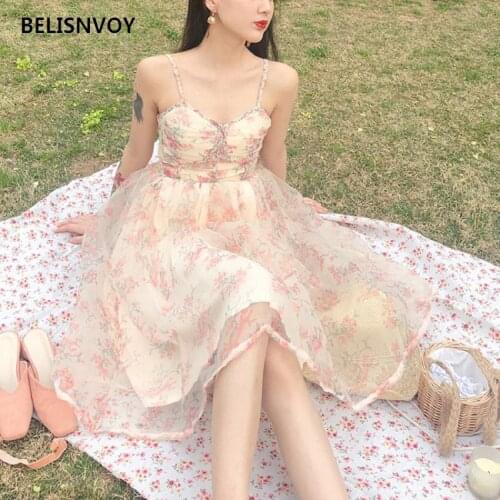 Summer Womens Dress 2021 Romantic Fairy Organza Dress Suspenders Fold Floral Mesh Dress Strapless Holiday Sweet Backless Dress