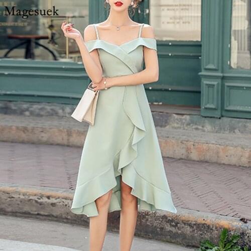 Women Dress Summer 2021 Knee-length Slash Neck Solid Sexy Party Dress Female Ruffles Backless Woman Dresses Prom Vestidos 9333