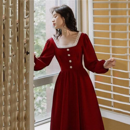 Dresses for Women Vintage Burgundy Pearl Square Collar Dress Long Sleeve Vestido De Mujer
