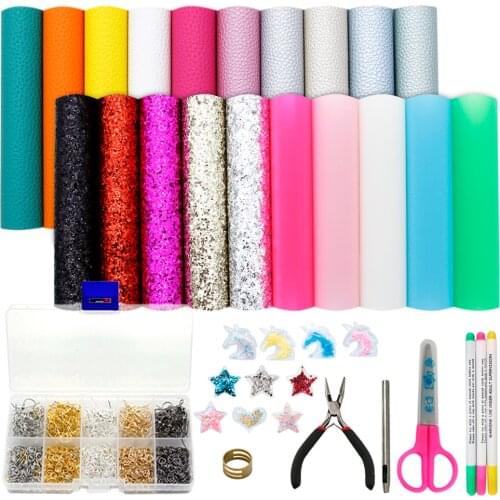 20pcs A5 Faux Leather Sheets Fabric with Tools and Accessories for Making Earrings Bows Jewelry Wallet and DIY Sewing Crafts