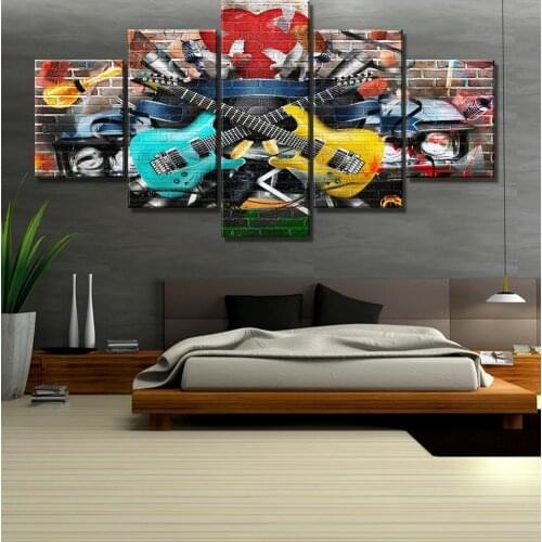 5 Piece HD Print Large Guitar Graffiti Musical Instruments Paintings on Canvas Wall Art for Home Decorations Wall Decor(No Frame