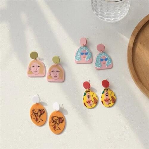 AOMU 2021 New Fashion Colorful Acrylic Geometric Round Oval Portrait Pattern Drop Earrings for Women Girls Jewelry Gifts