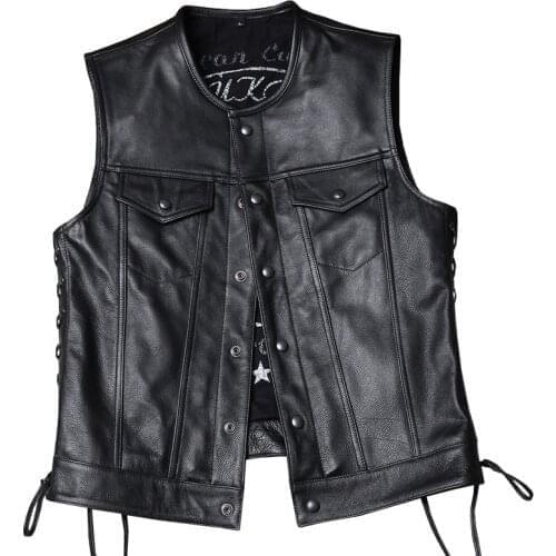 Biker SOA Motorcycle Vest Mens Genuine Leather Sleeveless Jackets Cowhide Waistcoat Adjustable Side Collarless S-4XL