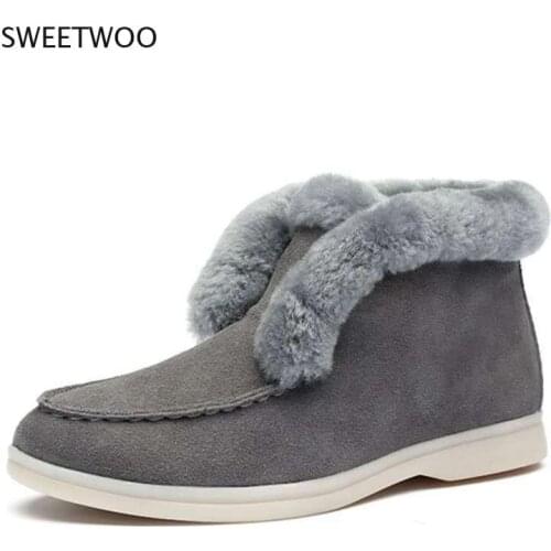 Ankle Boots Cow-Suede-Leather Boots Natural-Fur Warm Winter Boots Slip-On Snow Boots for Women