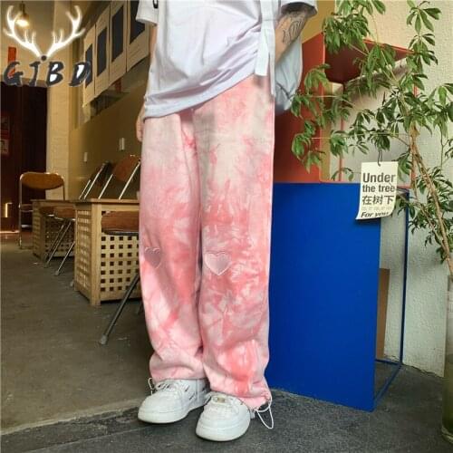 Stretchy High Waist Women Casual Pants New 2021 Summer Street Hip Hop Embroidery Tie Dye Straight Baggy Fashion Wide Leg Trouser