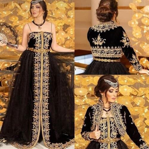 Black Gold Karakou algerien Prom Party Dresses with Long Sleeve Jacket 2021 Plus Size Muslim Hijab Evening Formal Gowns