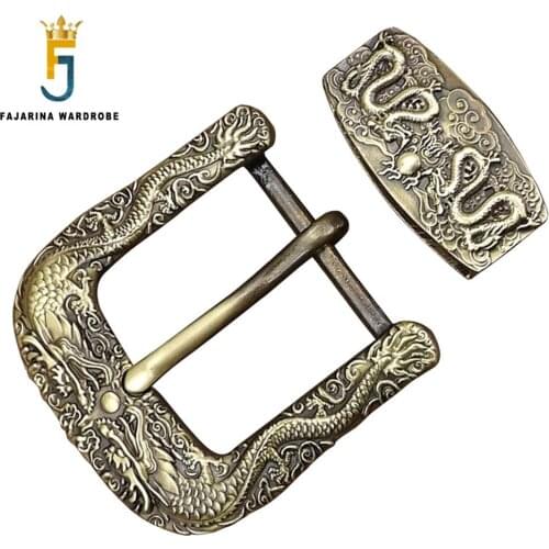 FAJARINA Pure Copper Waist Pin Belt Buckle Two Piece Chinese Wind Dragon Pearl Needle Styles Button Ring Set Fittings BCK042