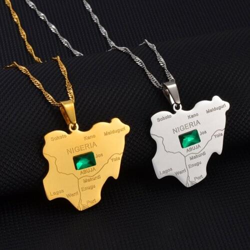 Anniyo Nigeria Map With Green Stone Pendant Necklaces Silver Color/Gold Color Nigerian Maps Jewelry Patriotic Gift #206921