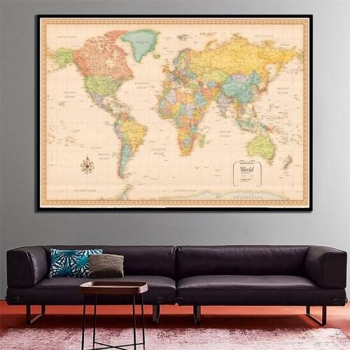 A2 Size Retro World Map Classic Edition Printed Canvas Wall Map Unframe Posters and Prints Wall Art for Office/Living Room Decor