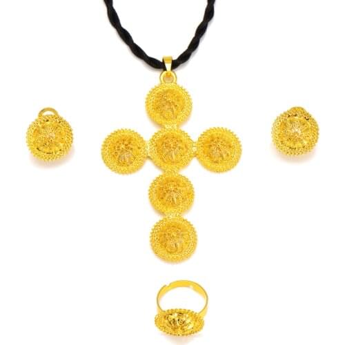 9 k THAI BAHT G/F Yellow Solid Fine Gold Jewelry Sets Womens Necklace earrings ring large-scale Cross Pendant Wedding Bride