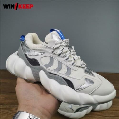 Men Round Toe Platform Sport Shoes Spring Autumn Jogging Sneakers Lace-Up Mixed Color Males Running Walking Fitness Creamy-White