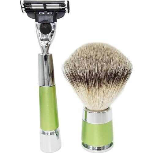 WLONG Shaving Brush and Razor Set with Silvertip Honey Pure Badger Hair Fantastic Green Handles Holder Daily Grooming Tools