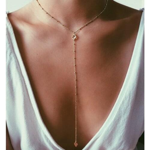 New Simple Gold Color Long Beaded Lariat Chain Necklace Sexy Y Shape Summer Crystal Tassel Choker Necklaces For Women Collares