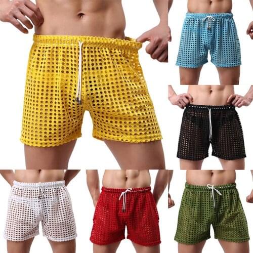 75% New Arrival!!! Erotic Men Solid Color Mesh See Through Hollow out Drawstring Shorts Beach Pants