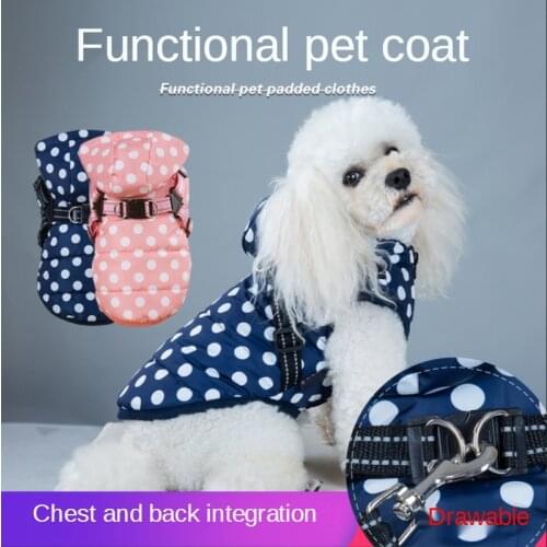 Dog Clothes Pet Supplies Polka Dot Hooded Dog Cotton-padded Clothes with Chest Back Traction Winter Warm Pet Ass Pet Clothes