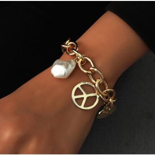 ORNAPEADIA 2021 New Baroque Pearl Couple Pearl Bracelet for Women Love Peace Pendant OT Buckle Chain Bracelet Wholesale Bangles