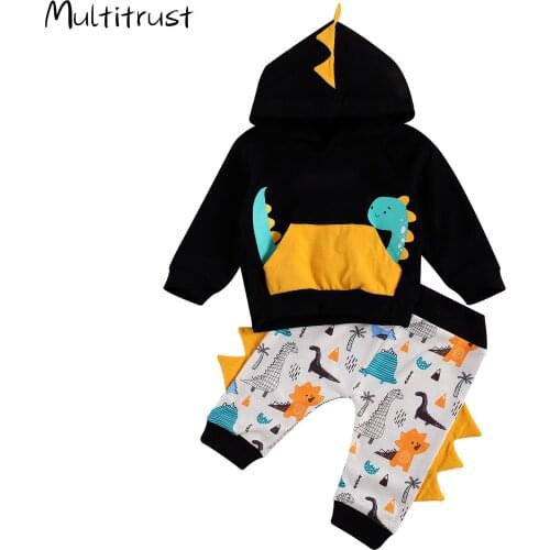 2020 Autumn Winter Baby Boys Clothes 2PCS Sets Dinosaur Print Long Sleeve Pullover Pocket Hooded Tops +Pants 0-24M