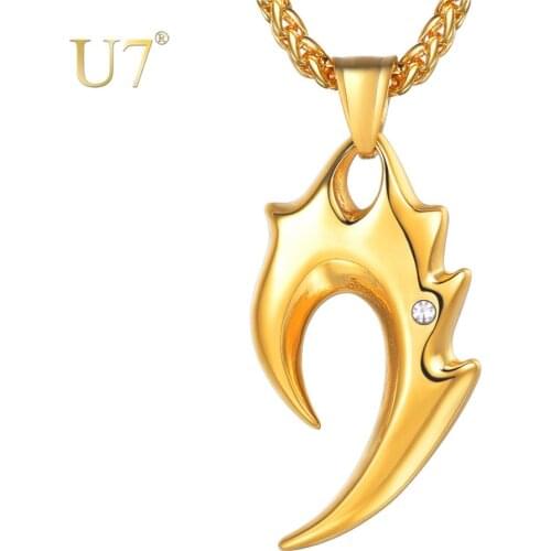 U7 Punk Men Wolf Fang Teeth Spike Flame Pendant Necklace Gold Color Stainless Steel Long Necklaces Women Jewelry Gift P1205