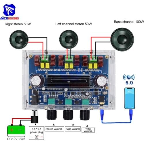 Diymore TPA3116D2 Bluetooth 5.0 Digital Amplifier Board 2.1 Channel Class D High Power Amplifier 2x50W 1x100W DC 12-24V w/ Case
