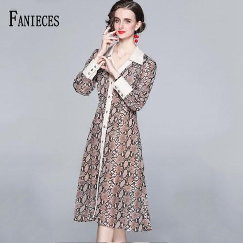Serpentine Print Midi Dress Women Long Sleeve Lapel Banquet Dresses Female Elegant Party Club Clothes 2021 Spring Autumn Outfit
