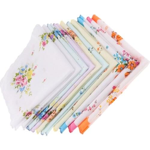 10x Women 100% Cotton Printed Handkerchief Hanky Kerchiefs Pocket Square Blossom Design with Wavy Edge Women Handkerchiefs