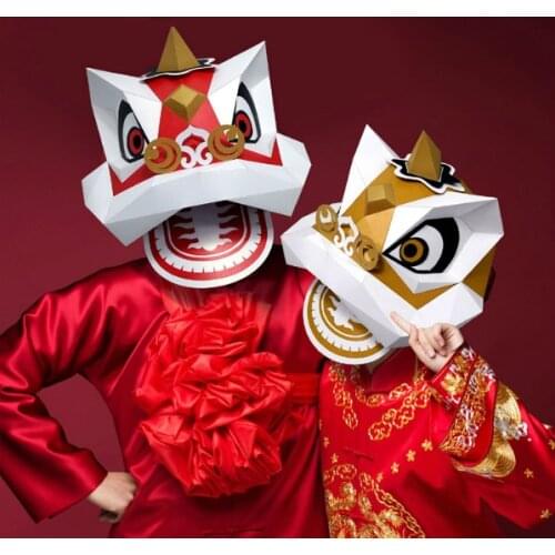 Pre Cut Paper Mask 3D Chinese Lion Dance Halloween Costume Cosplay DIY Paper Craft Model Mask Christmas