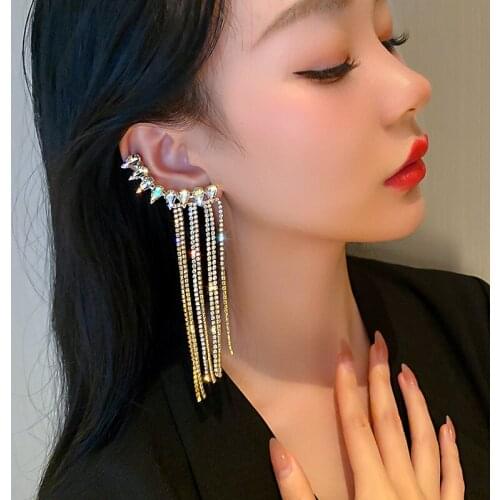 Exaggerated Single Piece Sparkly Shiny Rhinestones Long Tassel Earrings for Women No-Piece Chains Clip Earrings Pendientes