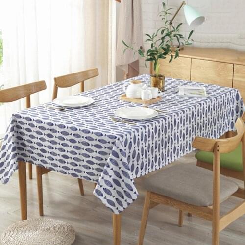 2020 Linen Cotton Table Cloth Blue Fish Printed Tablecloth Rectangular Table Cloth Dining Table Cover Home Hotel Tea Tablecloth