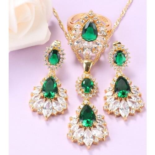 Turkey Bridal Costume Big Jewelry Sets Gold-Color Green Cubic Zirconia Long Earrings Pendant And Necklace Ring 3-Piece Sets
