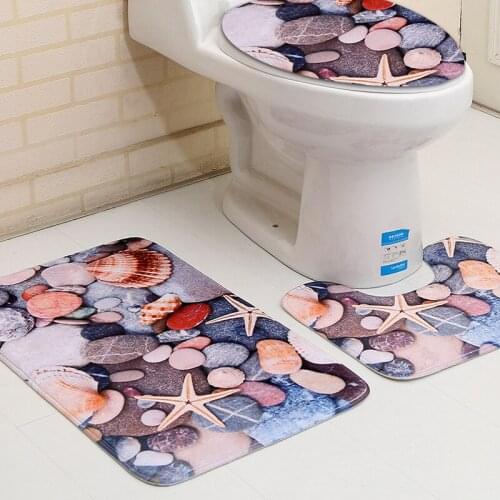 Zeegle Stone Seafish Pattern 3Pcs/Set Lid Toilet Seat Cover Pedestal Rug Bathroom Bath Mats Set Non-slip Toilet Rugs Floor Mats
