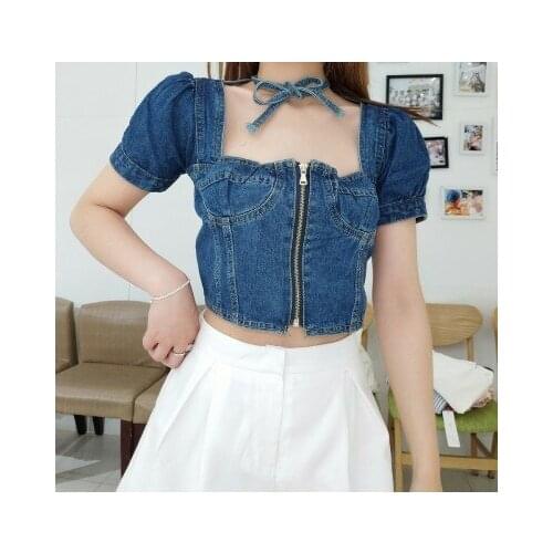 Summer women fashion slim water wash short design puff sleeve casual denim jacket female trendy jean cotton outerwear