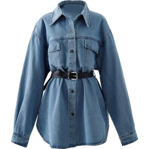 2021 New Spring and Autumn Women Casual Loose Retro Long-sleeve Denim Shirts Jacket Female Mid-long Denim Blouses Tops NS2516